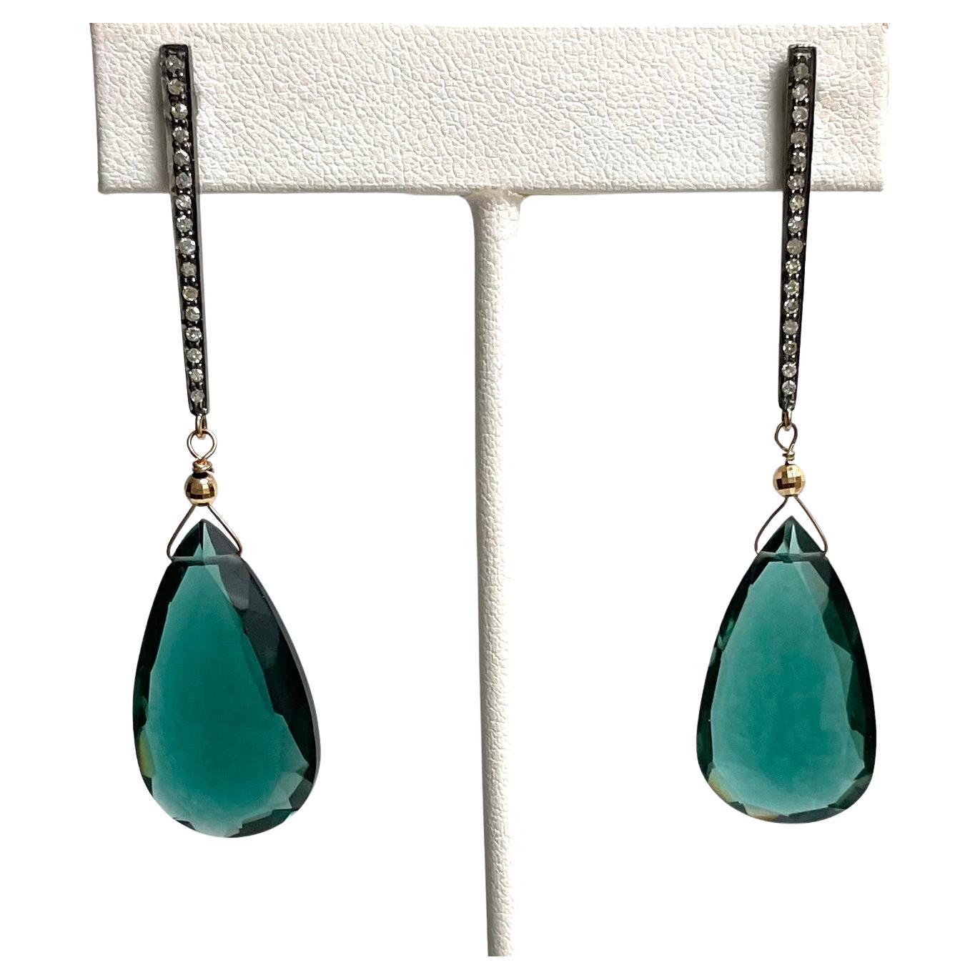 Teal Blue-Green Quartz and Diamond Paradizia Earrings For Sale 4