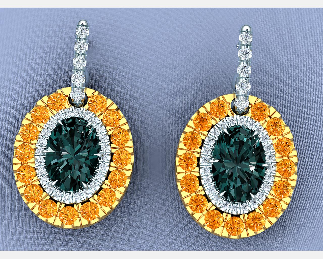 Complimentary colors are seen in full display on these beautiful teal blue-green and orange sapphire drop earrings.  For an earring that dangles these capture a lot of light and provides bold colors while giving sparks of white diamonds.  The total