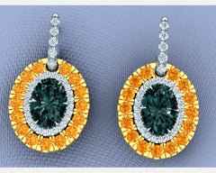Teal Blue Green Sapphire and Orange Sapphire Earrings