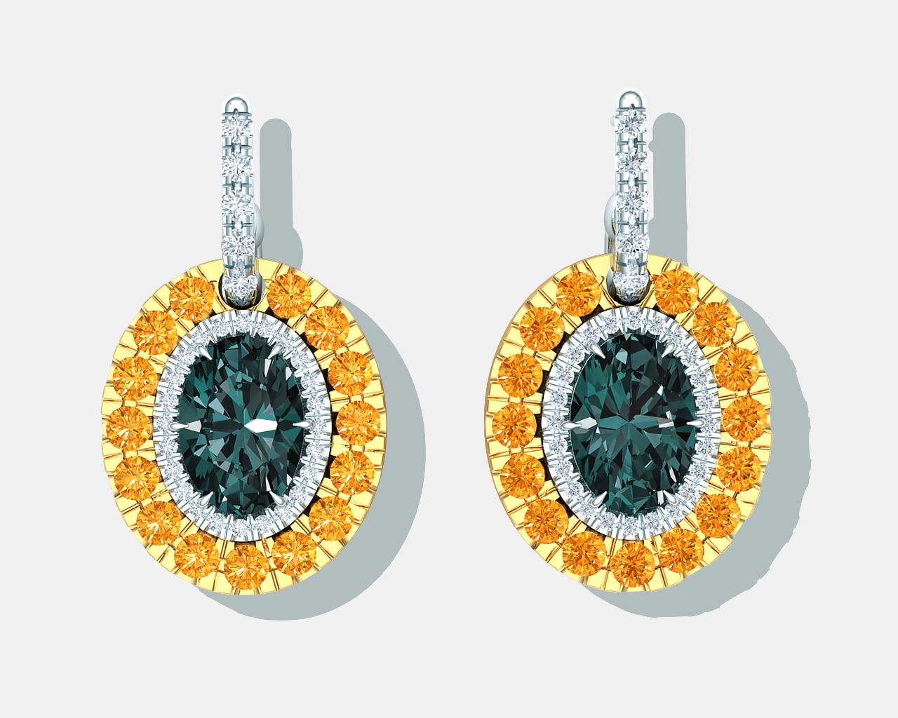 Modern Teal Blue Green Sapphire and Orange Sapphire Earrings For Sale