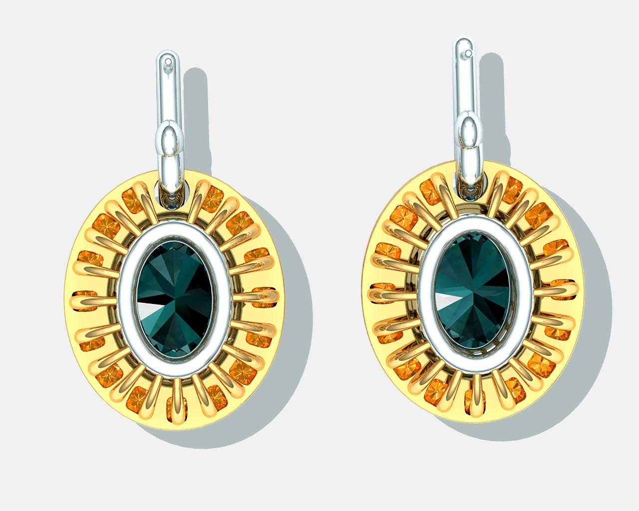 Oval Cut Teal Blue Green Sapphire and Orange Sapphire Earrings For Sale