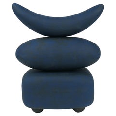 Teal Blue Hand Built Ceramic Sculpture, Stacked Oblong Cube, Oval, and Crescent