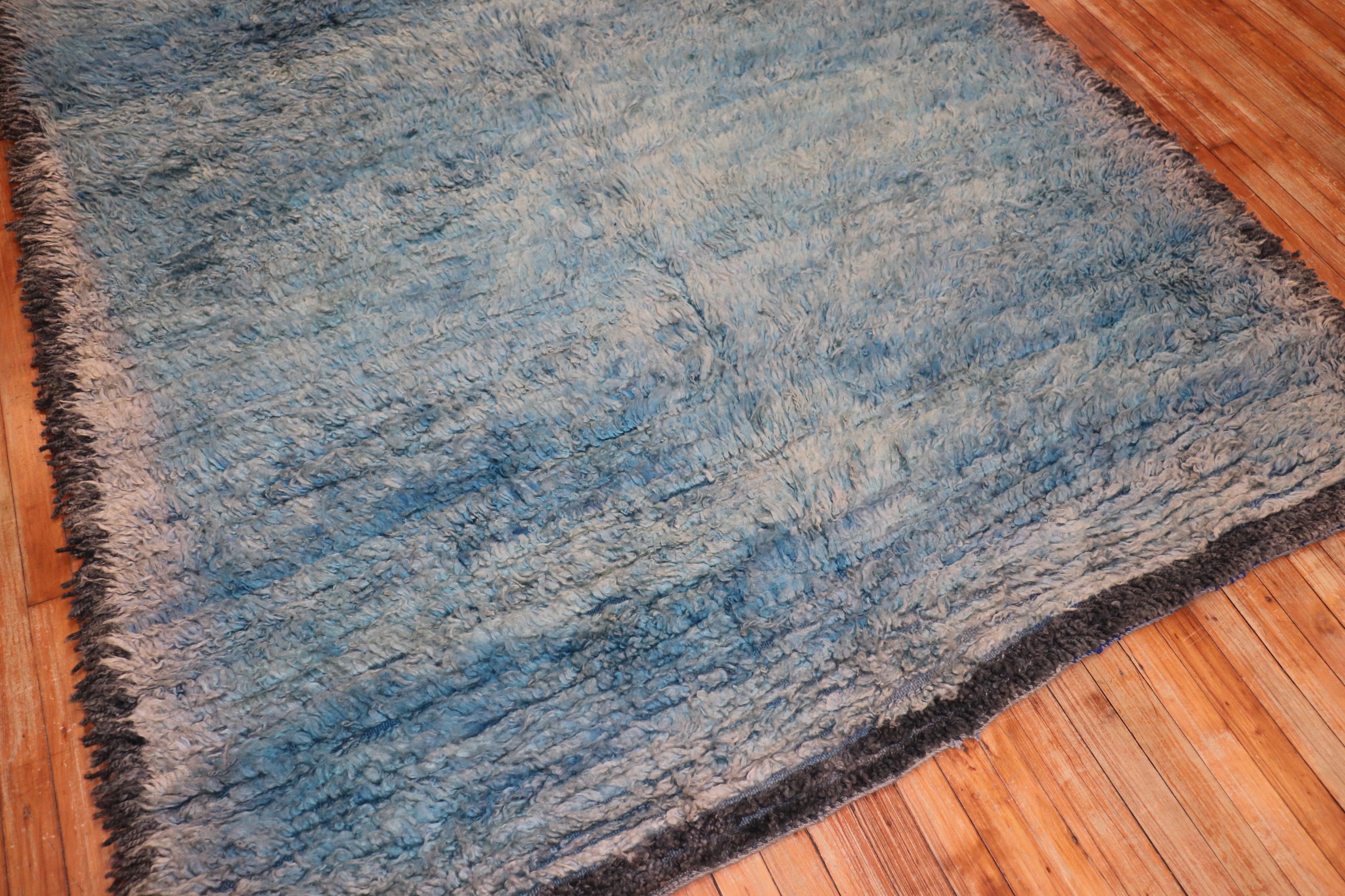 Hand-Woven Teal Blue Midcentury Moroccan Minimalist Rug