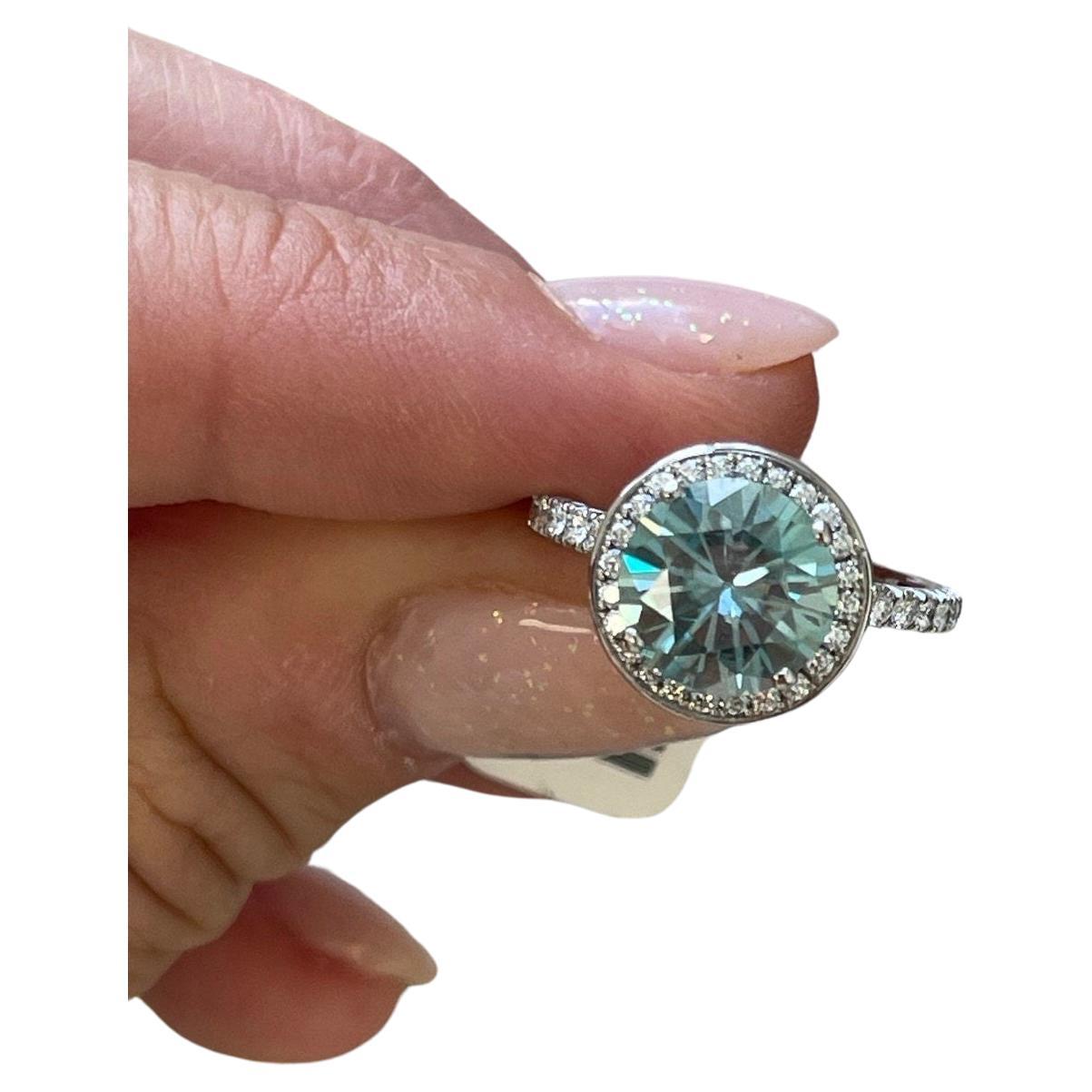 Teal blue moissanite diamond engagement ring 18KT white gold large center 10mm For Sale