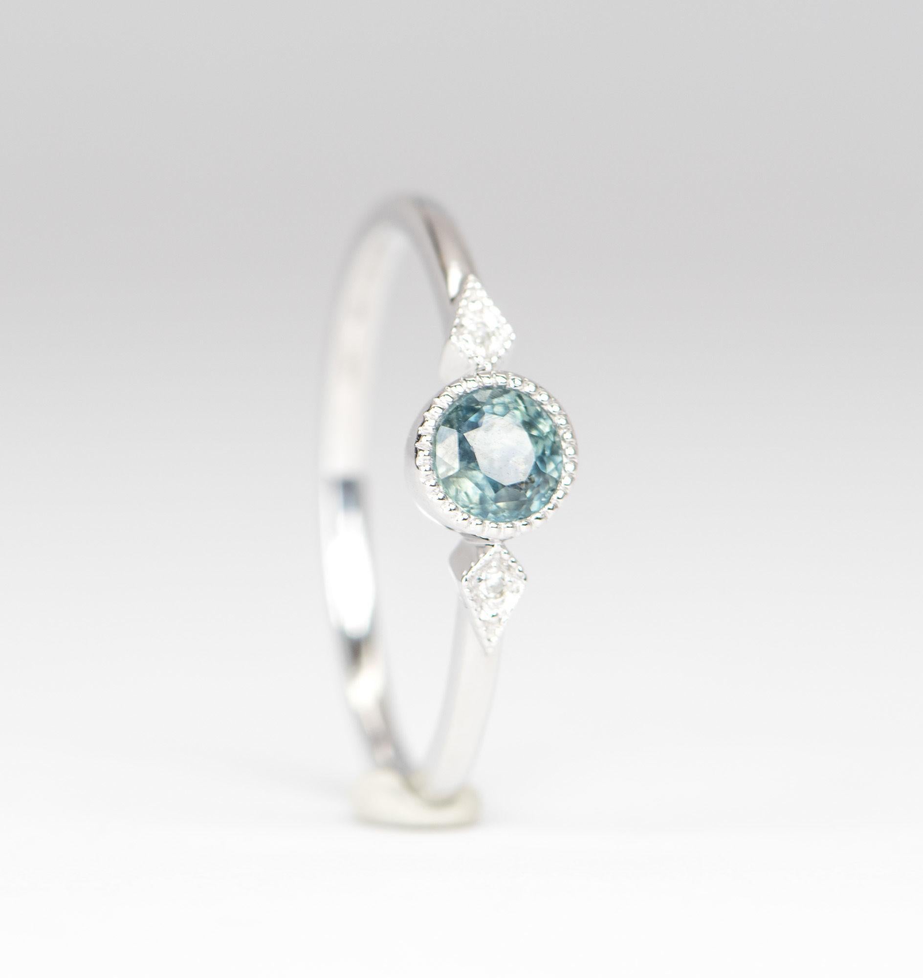 Round Cut Teal Blue Montana Sapphire Kite Diamond Sides 14K White Gold Engagement Ring