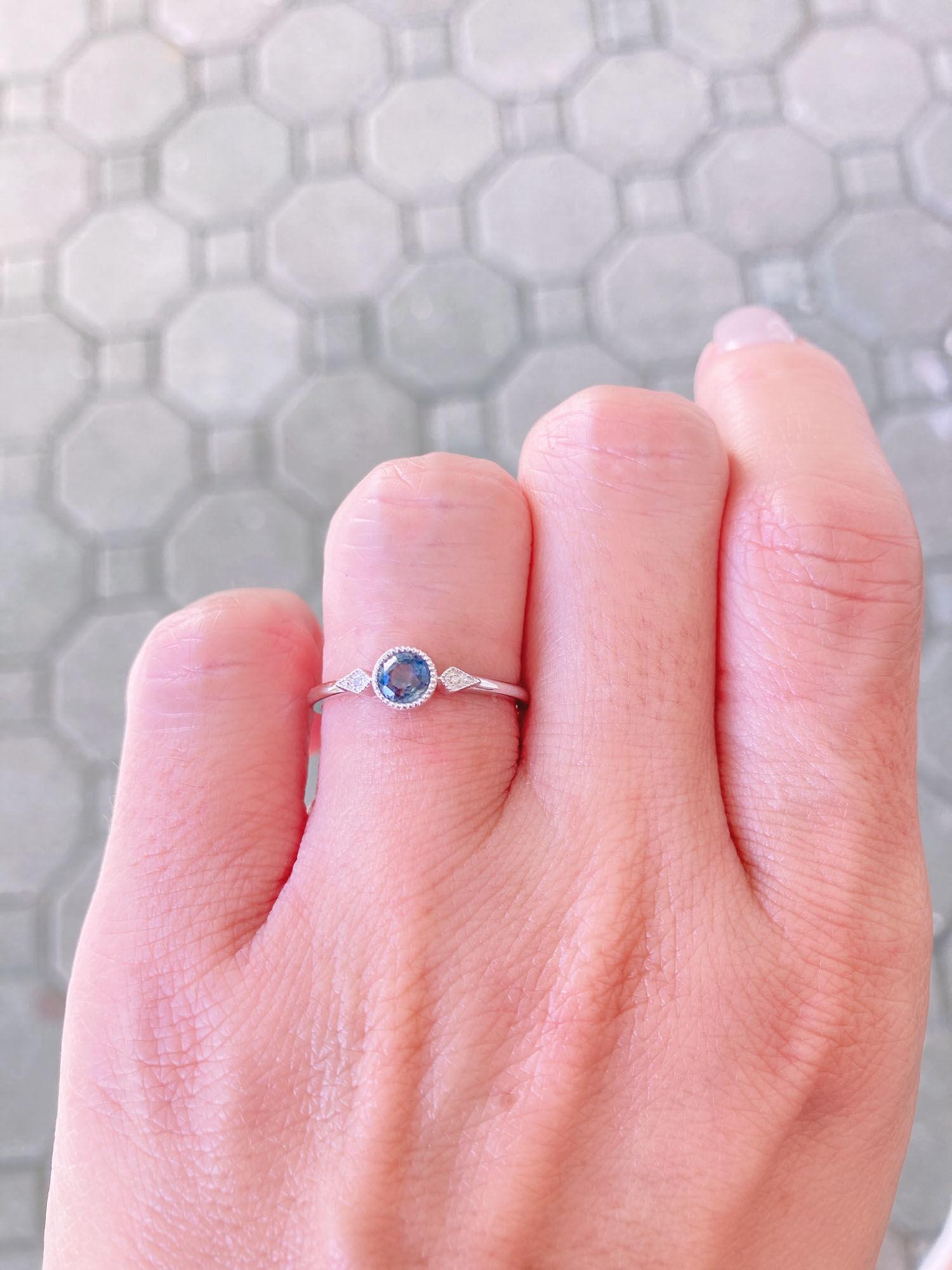 Women's or Men's Teal Blue Montana Sapphire Kite Diamond Sides 14K White Gold Engagement Ring
