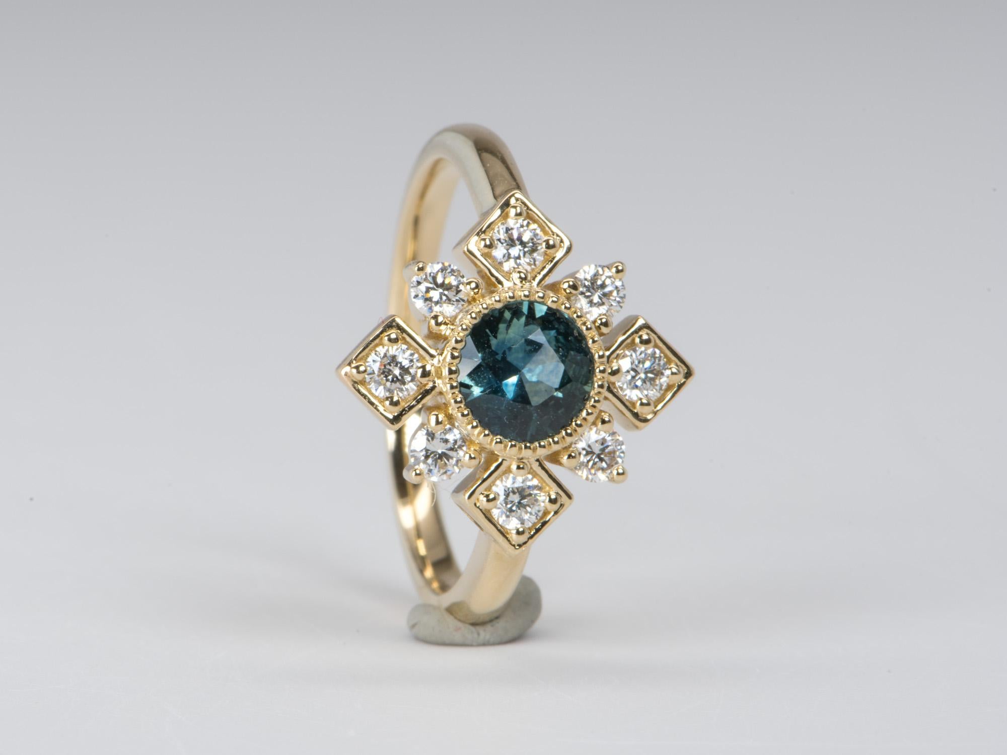 Round Cut Teal Blue Montana Sapphire with Brilliant Diamond Halo 14K Gold Engagement Ring For Sale