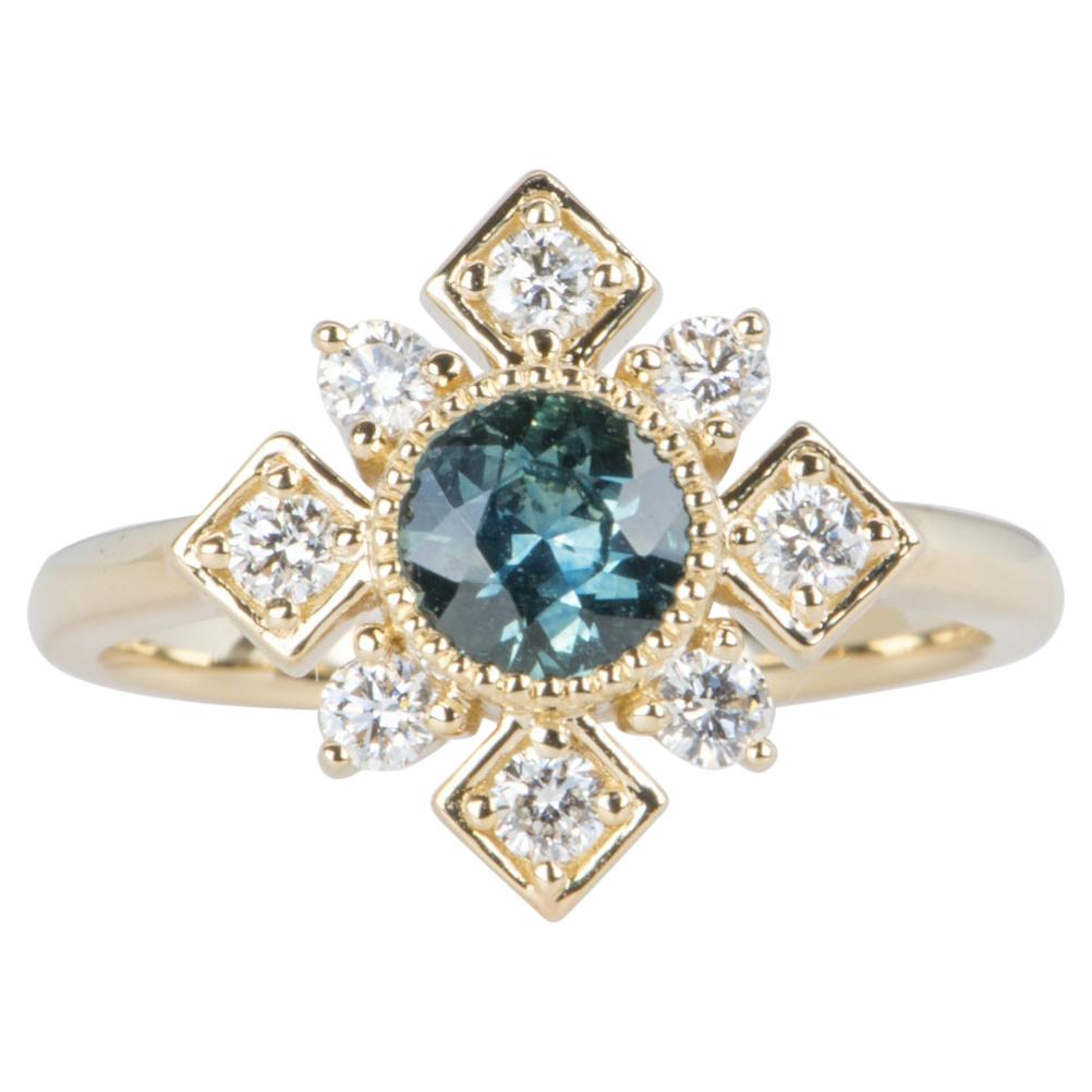 Teal Blue Montana Sapphire with Brilliant Diamond Halo 14K Gold Engagement Ring For Sale