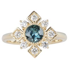 Bague de fiançailles en or 14 carats avec saphir bleu sarcelle du Montana et halo de diamants brillants