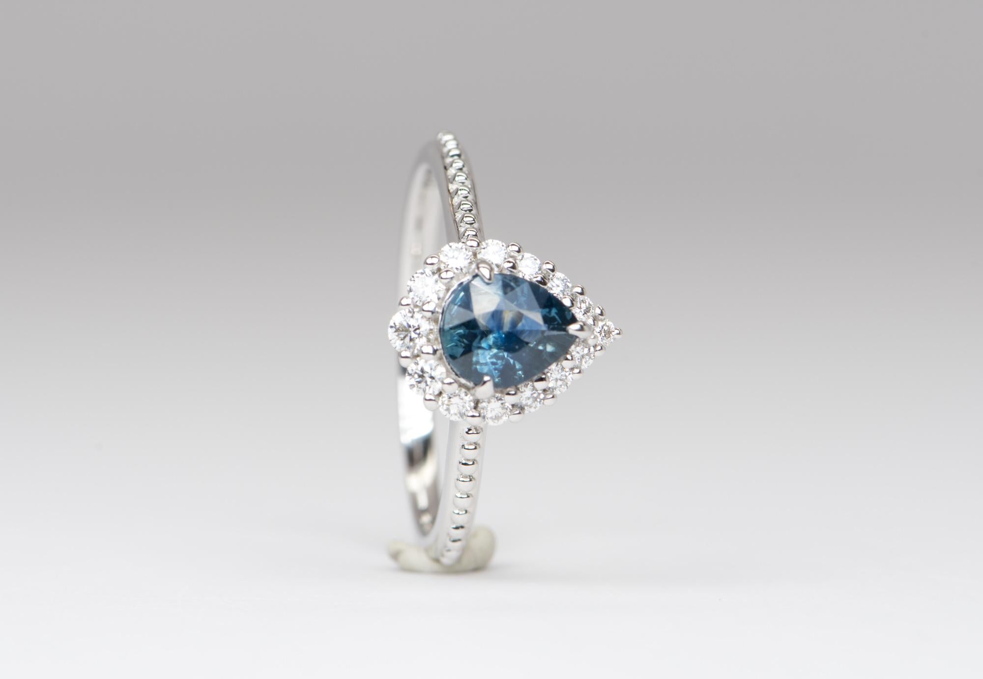 Pear Cut Teal Blue Montana Sapphire with Diamond Halo 14K White Gold Engagement Ring