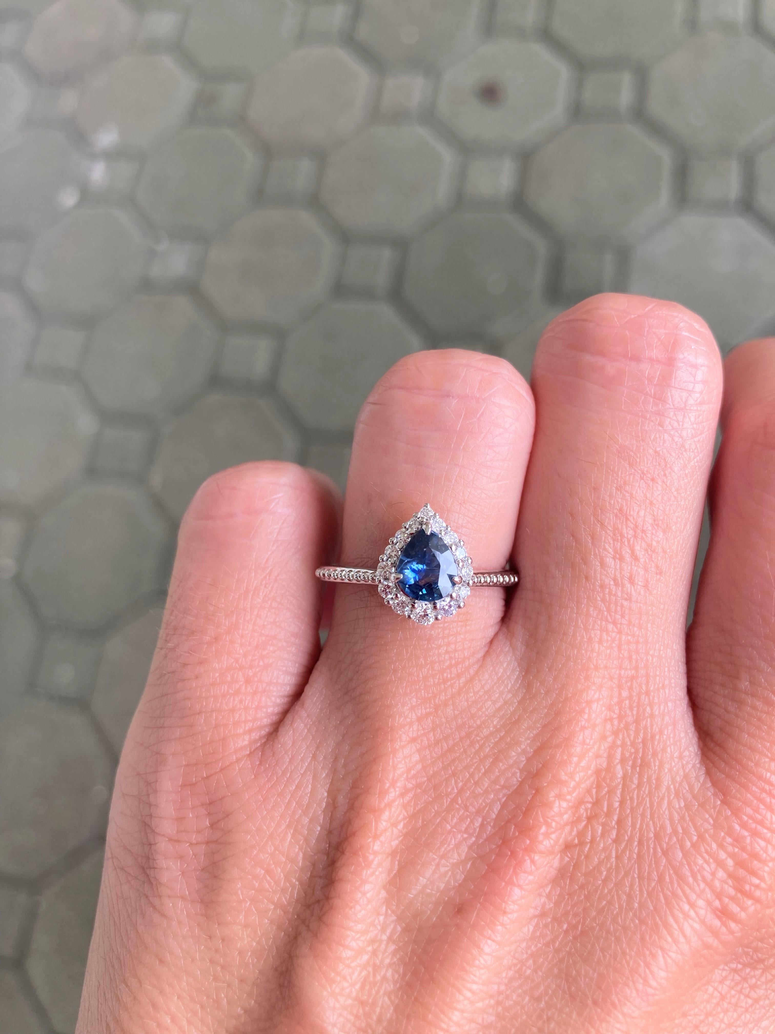 Women's or Men's Teal Blue Montana Sapphire with Diamond Halo 14K White Gold Engagement Ring