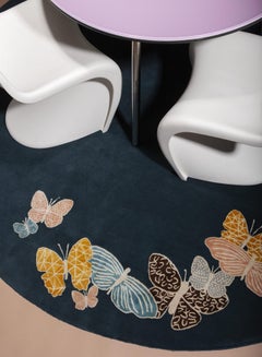 Teal, Blue, Orange, Pink, Round Wool and Silk Rug, Butterfly Pattern, handmade