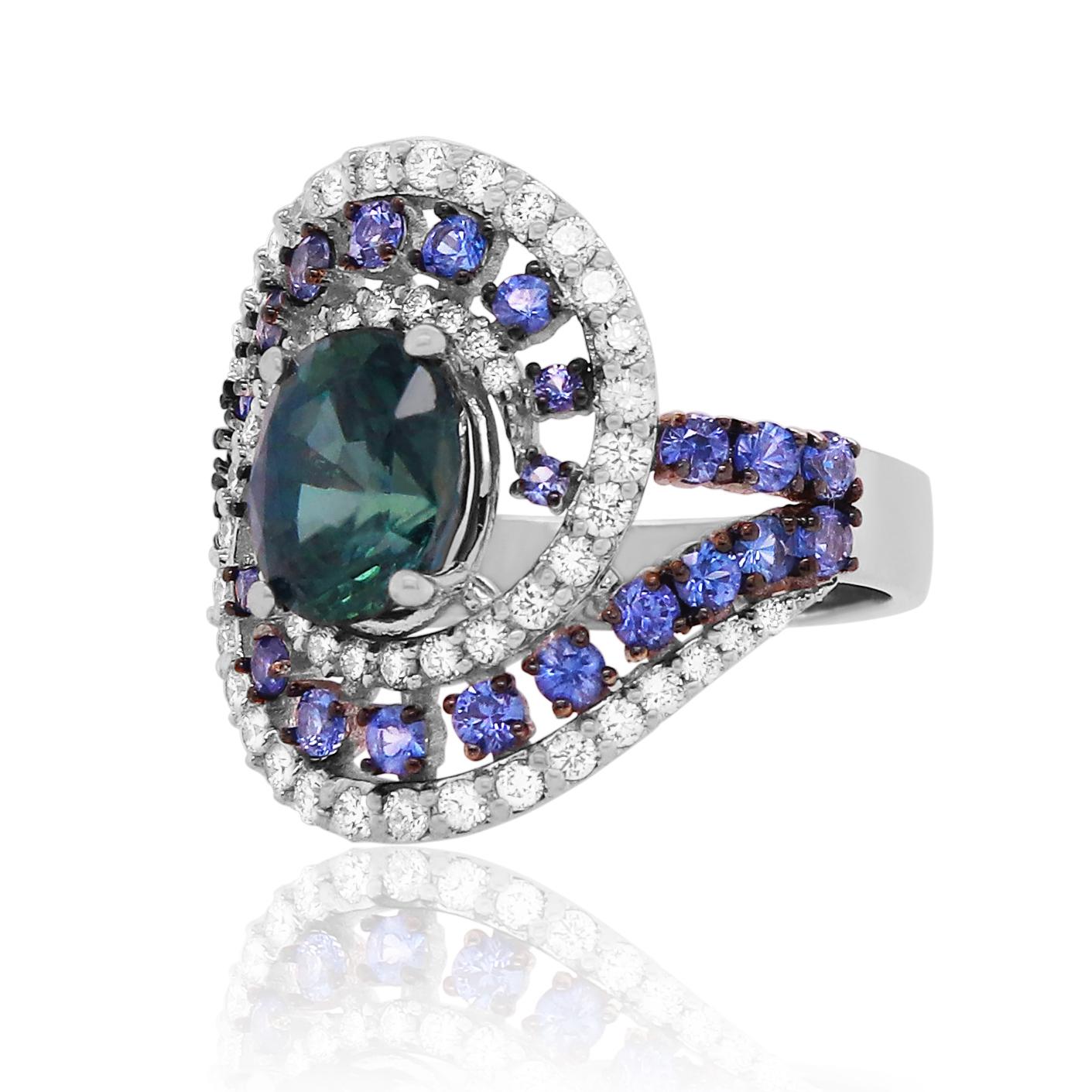 Contemporary Teal Blue Oval Sapphire Diamond Swirl Statement Cocktail Ring 14K White Gold For Sale