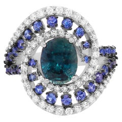 Teal Blue Oval Sapphire Diamond Swirl Statement Cocktail Ring 14K White Gold