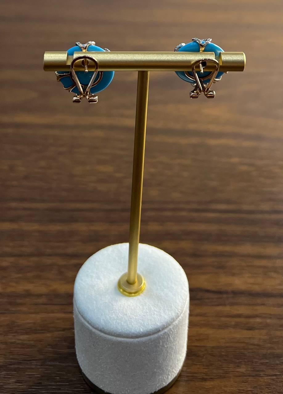 Teal Blue Round Turquoise Diamond Halo Swirl Design 14K Rose Gold Stud Earrings For Sale 6