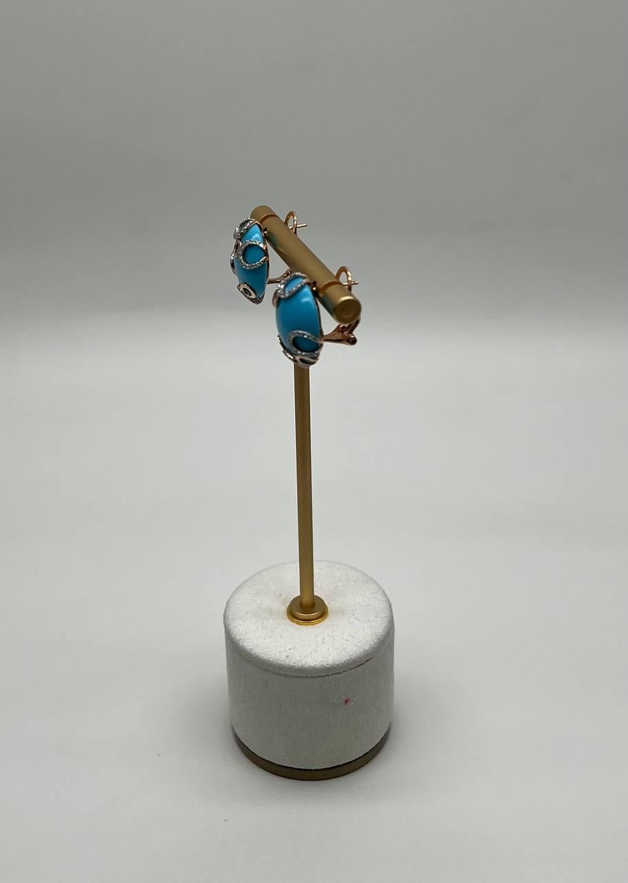 Teal Blue Round Turquoise Diamond Halo Swirl Design 14K Rose Gold Stud Earrings In New Condition For Sale In Oakton, VA