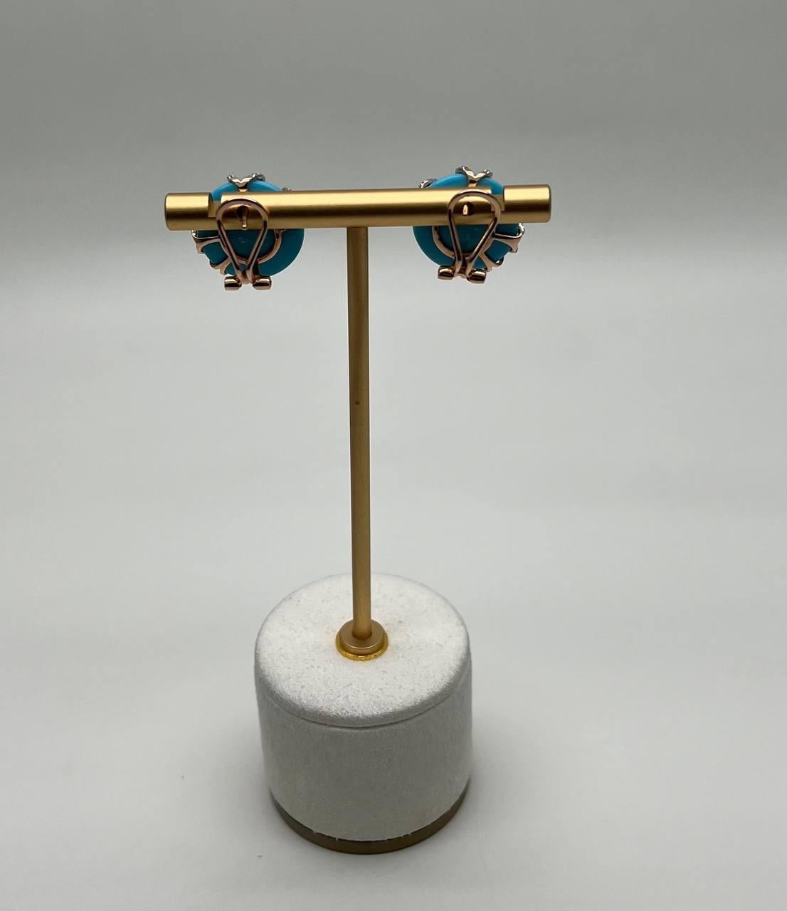 Women's Teal Blue Round Turquoise Diamond Halo Swirl Design 14K Rose Gold Stud Earrings For Sale
