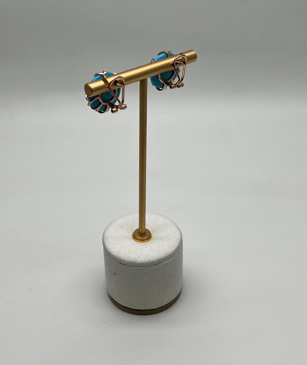 Teal Blue Round Turquoise Diamond Halo Swirl Design 14K Rose Gold Stud Earrings For Sale 1