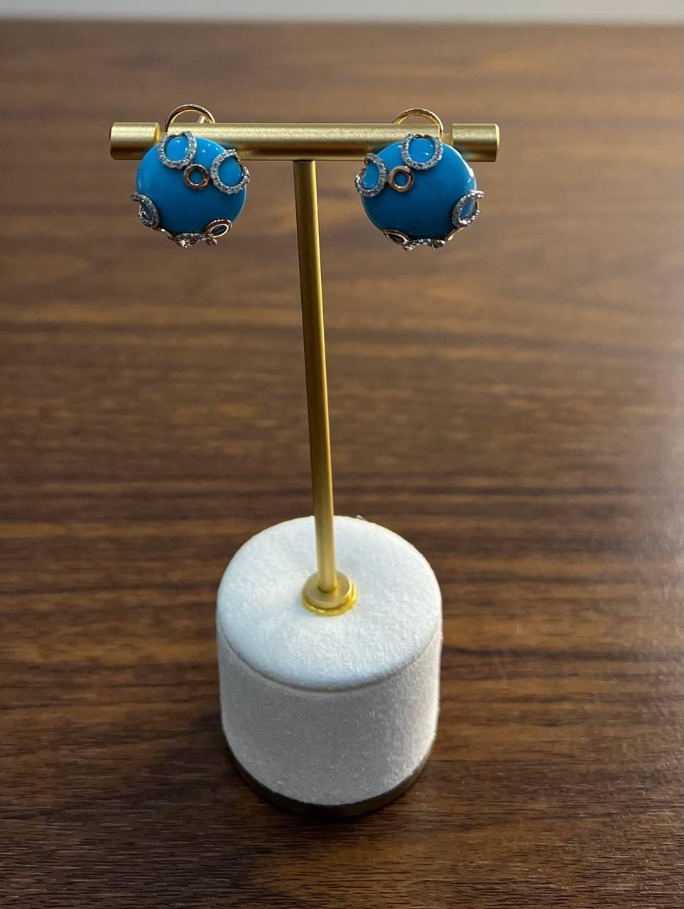 Teal Blue Round Turquoise Diamond Halo Swirl Design 14K Rose Gold Stud Earrings For Sale 2