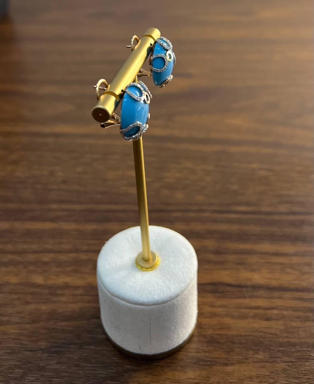 Teal Blue Round Turquoise Diamond Halo Swirl Design 14K Rose Gold Stud Earrings For Sale 3