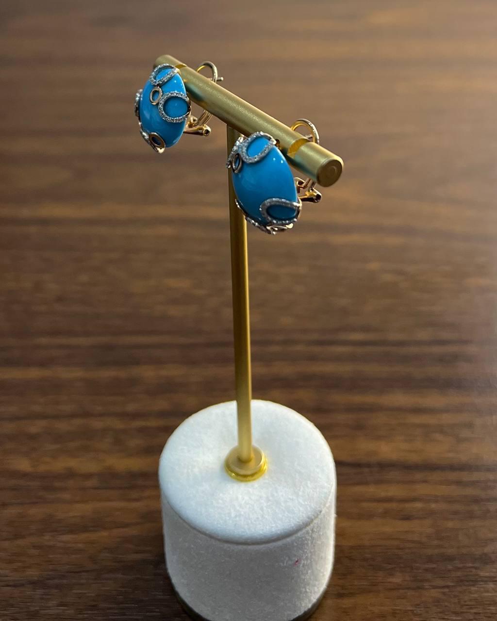 Teal Blue Round Turquoise Diamond Halo Swirl Design 14K Rose Gold Stud Earrings For Sale 4