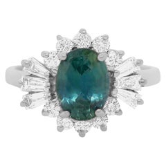 Natural Oval Teal Blue Sapphire and Baguette Diamond Ring 18K White Gold