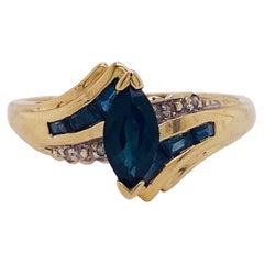 Vintage Teal Blue Sapphire Bypass Birthstone Engagement Estate 14K Yellow Gold Ring Lv