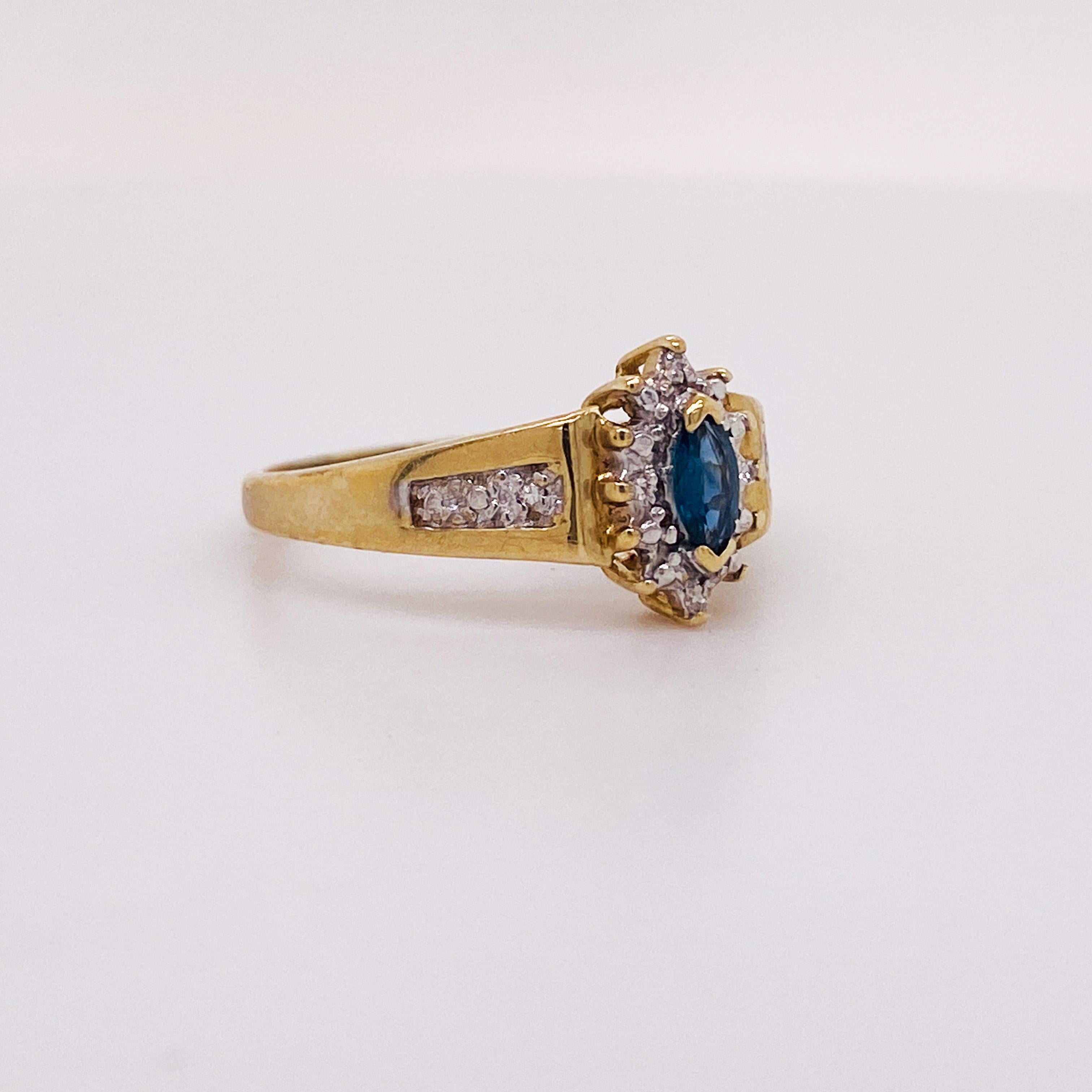 Retro Teal Blue Sapphire Halo Birthstone Ring 0.25 Carats with Diamonds 10k Gold LV For Sale