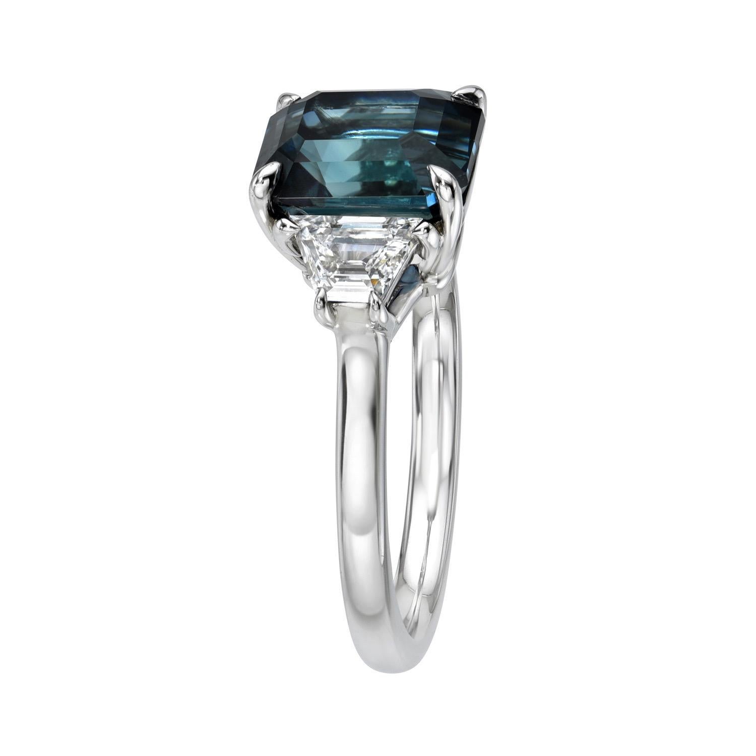 Women's Teal Blue Sapphire Ring 4.16 Carat Emerald Cut Sri Lanka For Sale