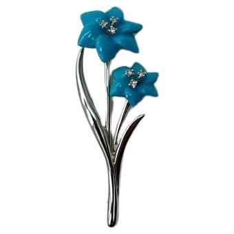 Teal Blue Turquoise Caved Floral Flower Diamonds 14K White Gold Pin Brooch