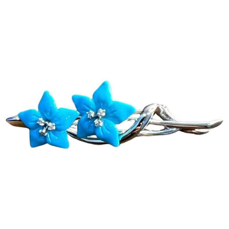 Teal Blue Turquoise Caved Floral Flower Diamonds 14K White Gold Pin Brooch For Sale