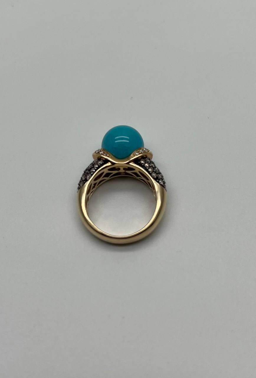 Teal Blue Turquoise Champagne Diamond Pave Set 14K Yellow Gold Statement Ring For Sale 5