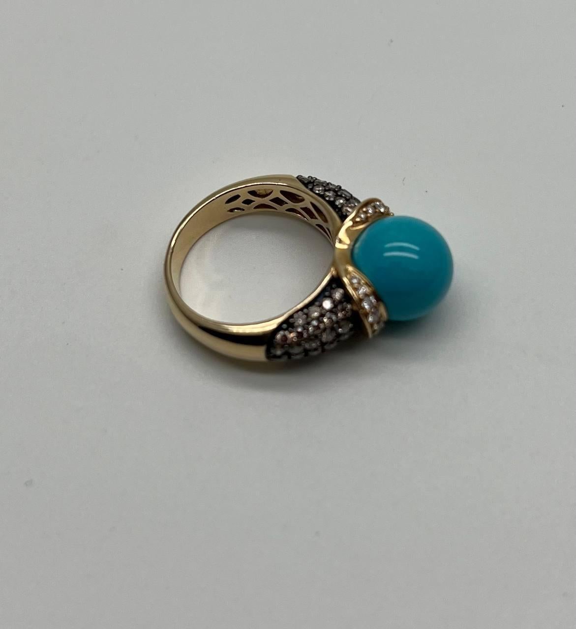 Teal Blue Turquoise Champagne Diamond Pave Set 14K Yellow Gold Statement Ring For Sale 6