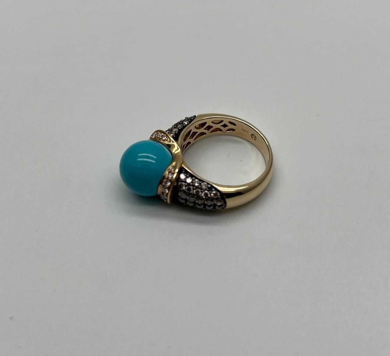 Teal Blue Turquoise Champagne Diamond Pave Set 14K Yellow Gold Statement Ring For Sale 7