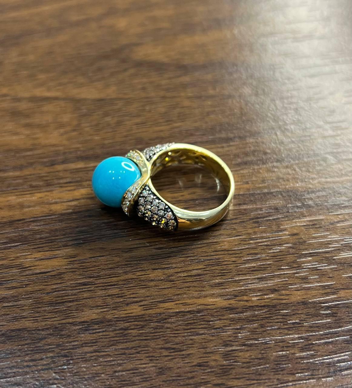 Cabochon Teal Blue Turquoise Champagne Diamond Pave Set 14K Yellow Gold Statement Ring For Sale