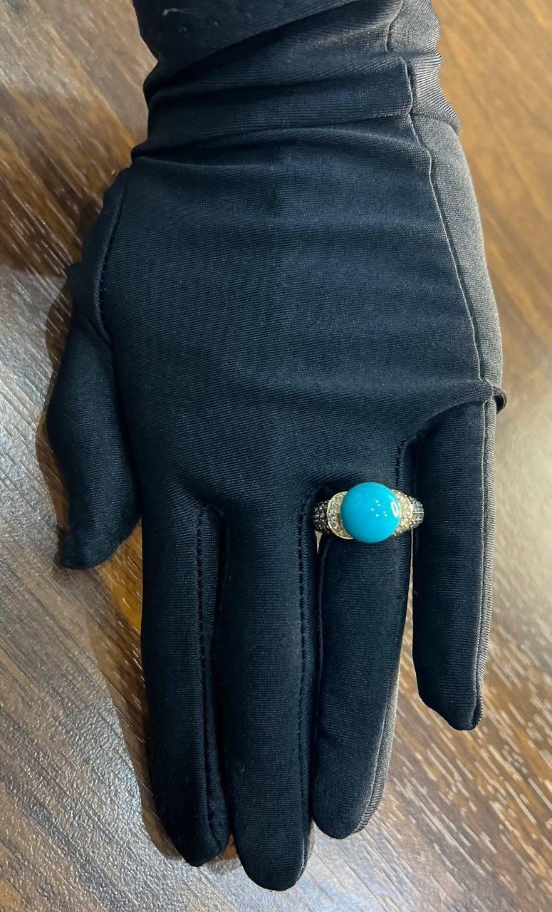 Teal Blue Turquoise Champagne Diamond Pave Set 14K Yellow Gold Statement Ring In New Condition For Sale In Oakton, VA