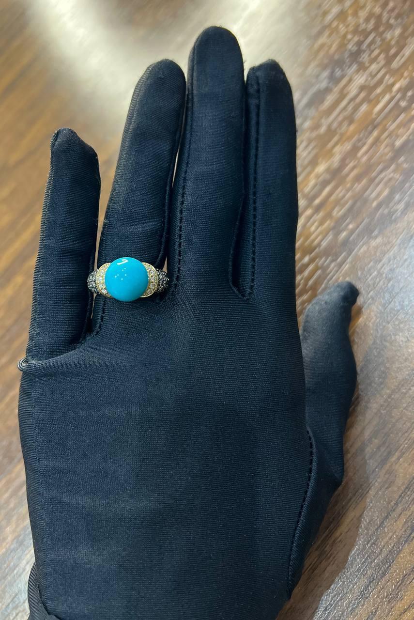 Women's Teal Blue Turquoise Champagne Diamond Pave Set 14K Yellow Gold Statement Ring For Sale