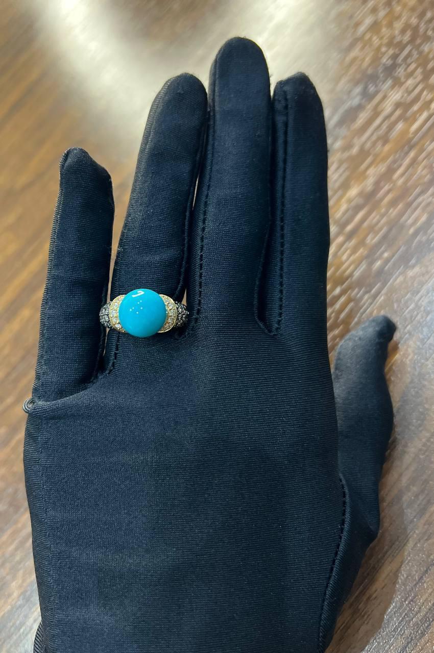 Teal Blue Turquoise Champagne Diamond Pave Set 14K Yellow Gold Statement Ring For Sale 2