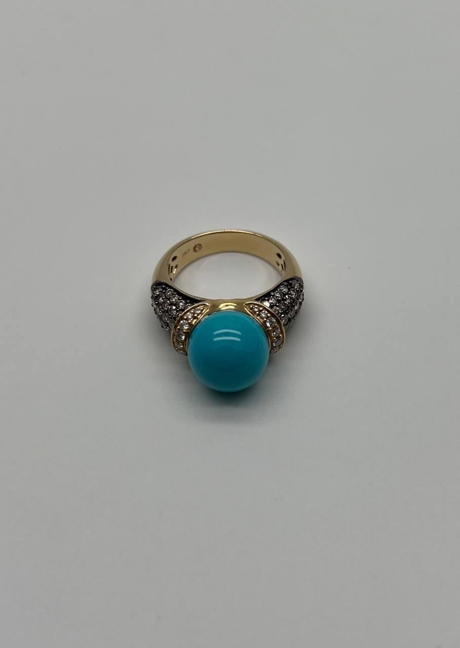 Teal Blue Turquoise Champagne Diamond Pave Set 14K Yellow Gold Statement Ring For Sale 3