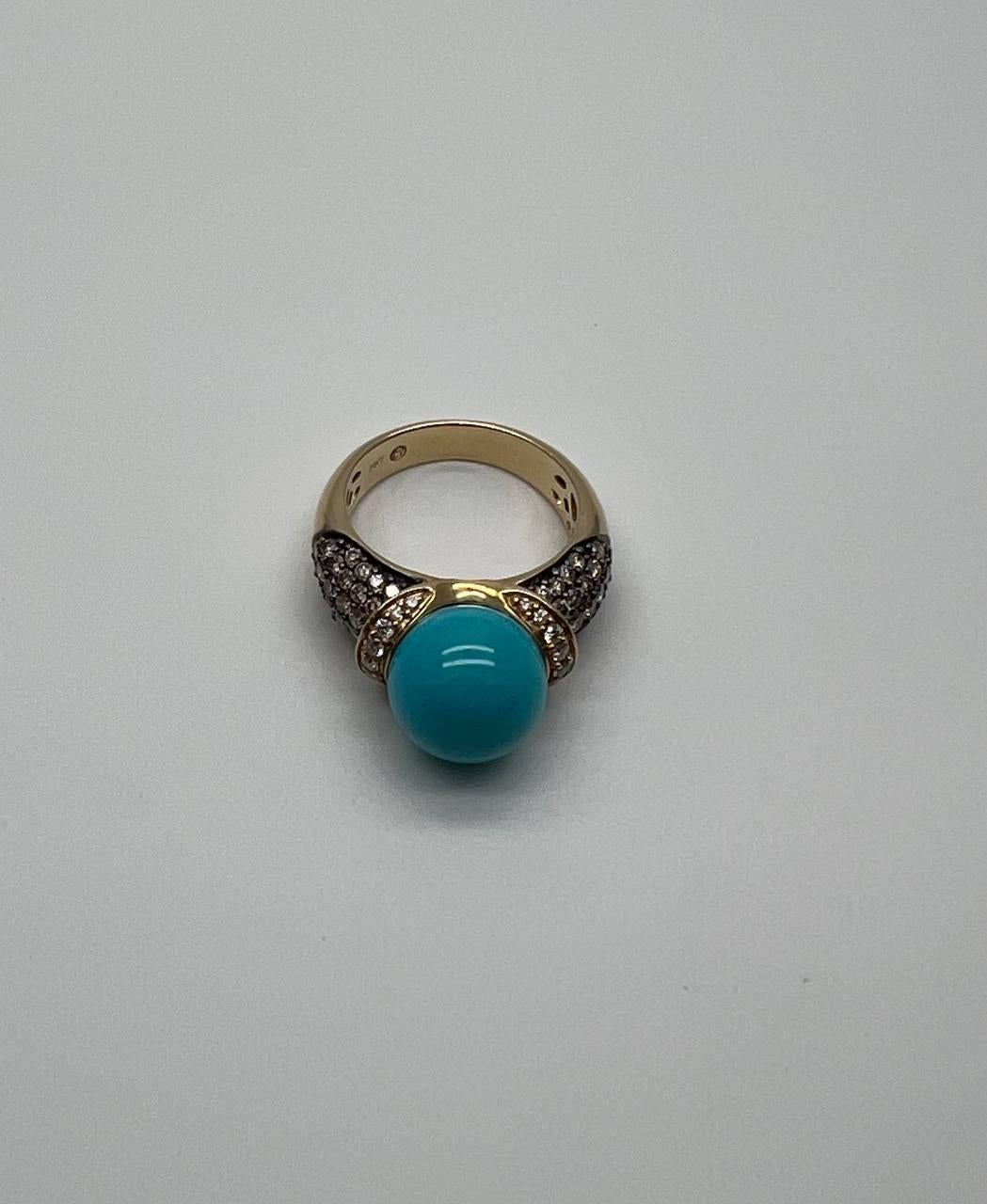 Teal Blue Turquoise Champagne Diamond Pave Set 14K Yellow Gold Statement Ring For Sale 4