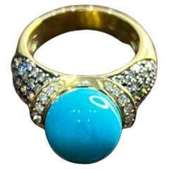 Teal Blue Turquoise Champagne Diamond Pave Set 14K Yellow Gold Statement Ring