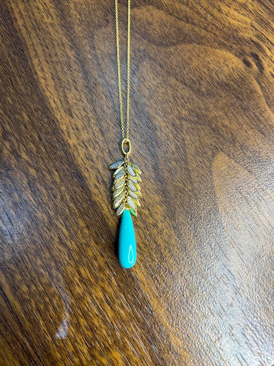Mixed Cut Teal Blue Turquoise Diamond Leaf Leaves Tree 14K Yellow Gold Pendant Necklace For Sale