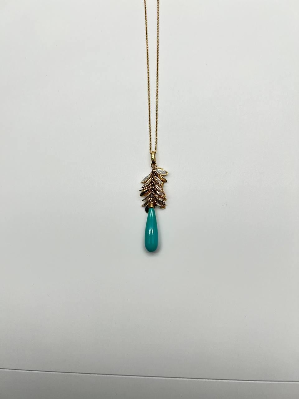 Teal Blue Turquoise Diamond Leaf Leaves Tree 14K Yellow Gold Pendant Necklace In New Condition For Sale In Oakton, VA