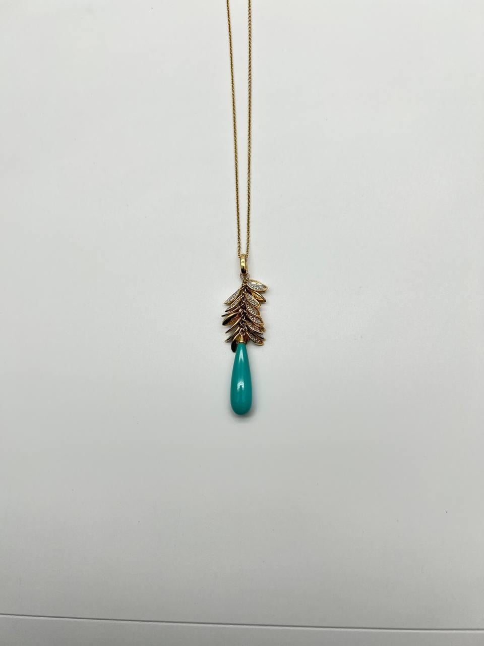 Women's Teal Blue Turquoise Diamond Leaf Leaves Tree 14K Yellow Gold Pendant Necklace For Sale