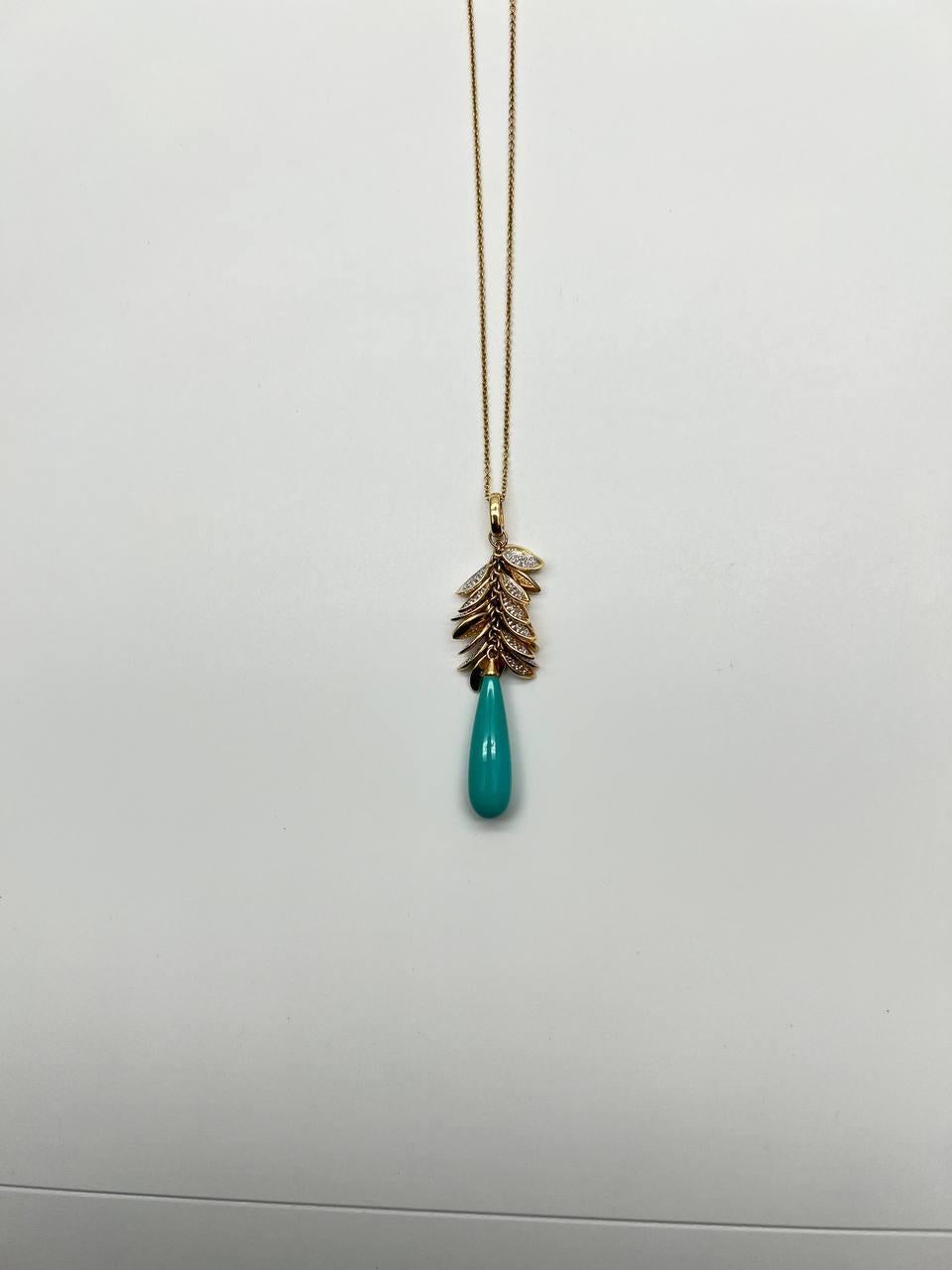 Teal Blue Turquoise Diamond Leaf Leaves Tree 14K Yellow Gold Pendant Necklace For Sale 1