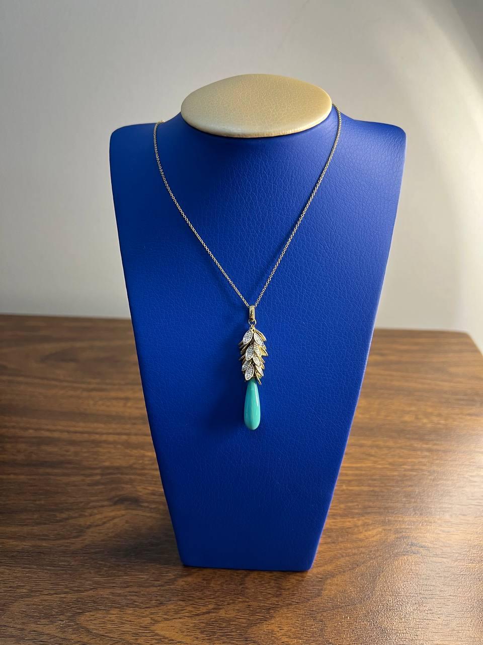 Teal Blue Turquoise Diamond Leaf Leaves Tree 14K Yellow Gold Pendant Necklace For Sale 2
