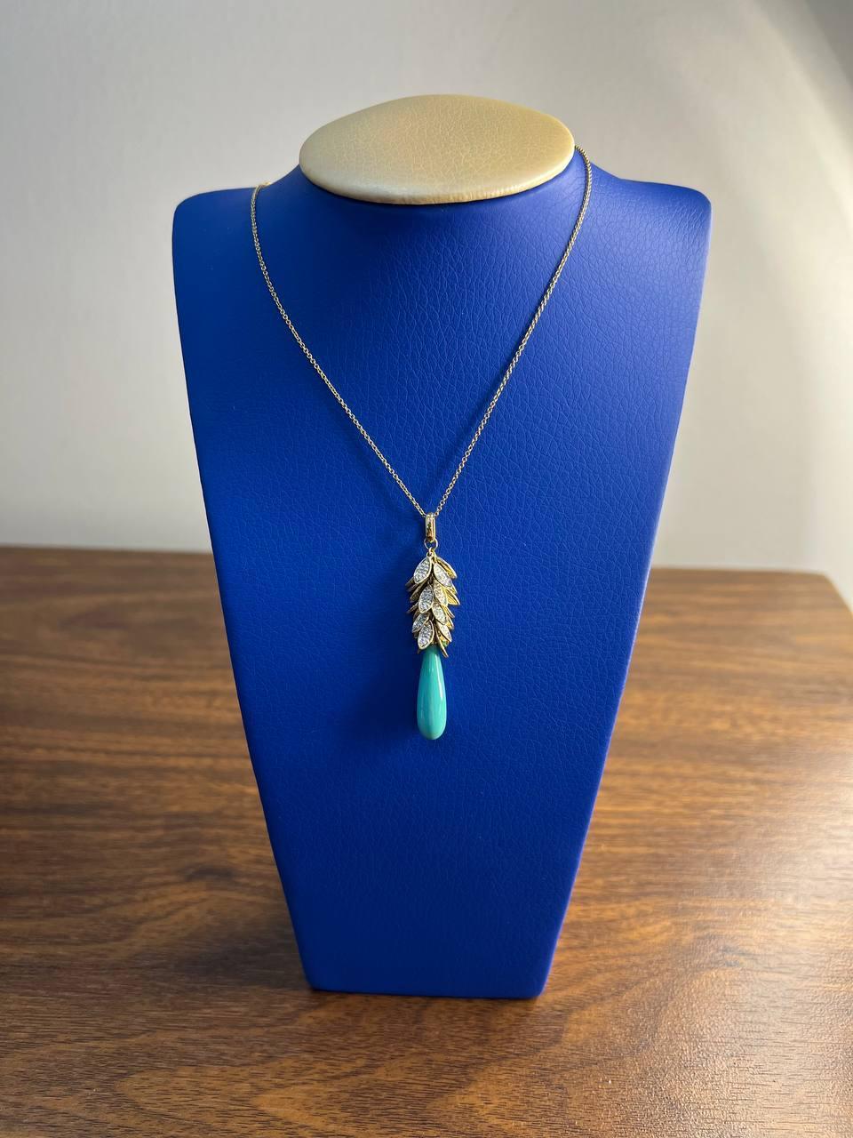 Teal Blue Turquoise Diamond Leaf Leaves Tree 14K Yellow Gold Pendant Necklace For Sale 3