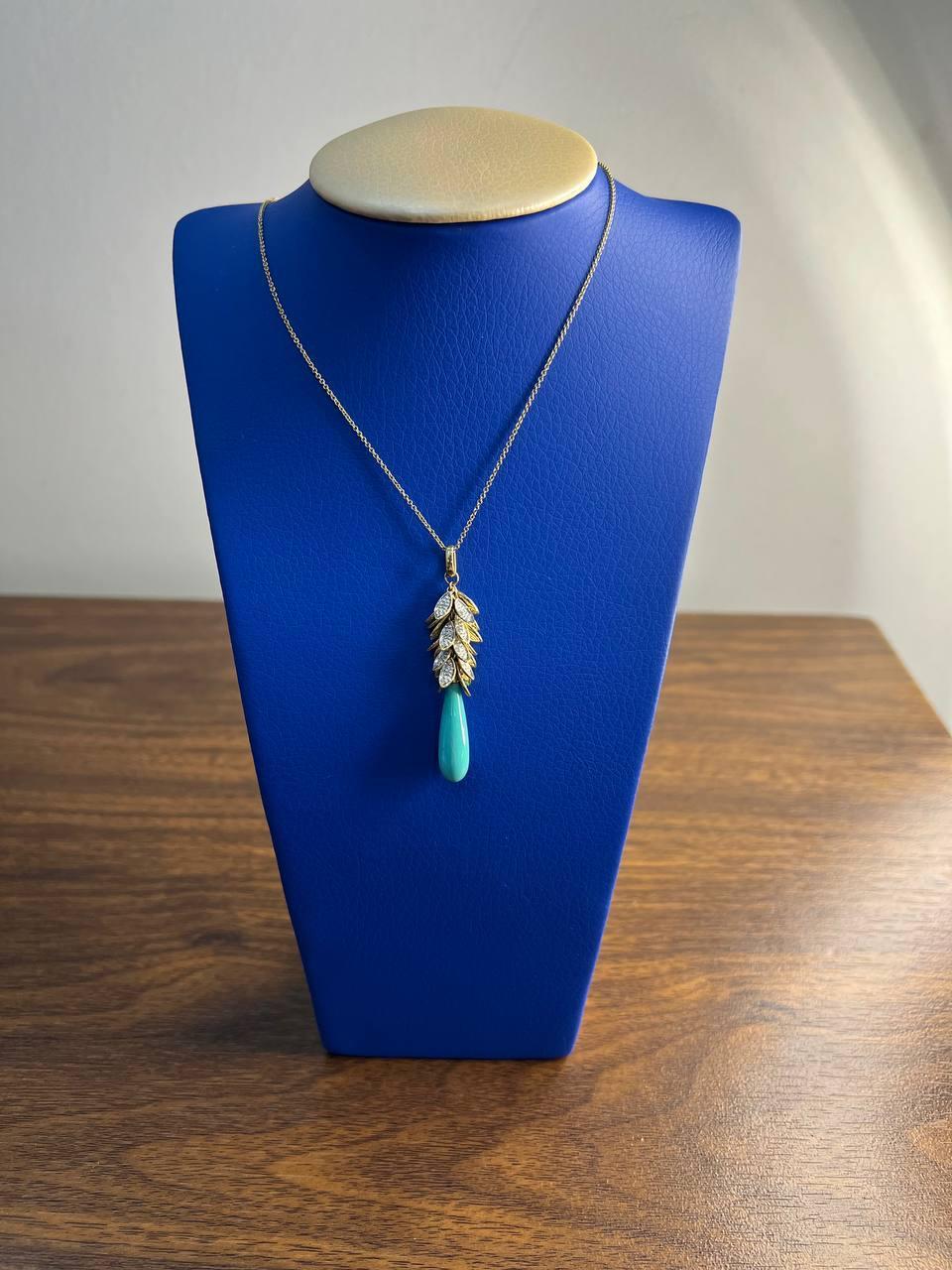 Teal Blue Turquoise Diamond Leaf Leaves Tree 14K Yellow Gold Pendant Necklace For Sale 4