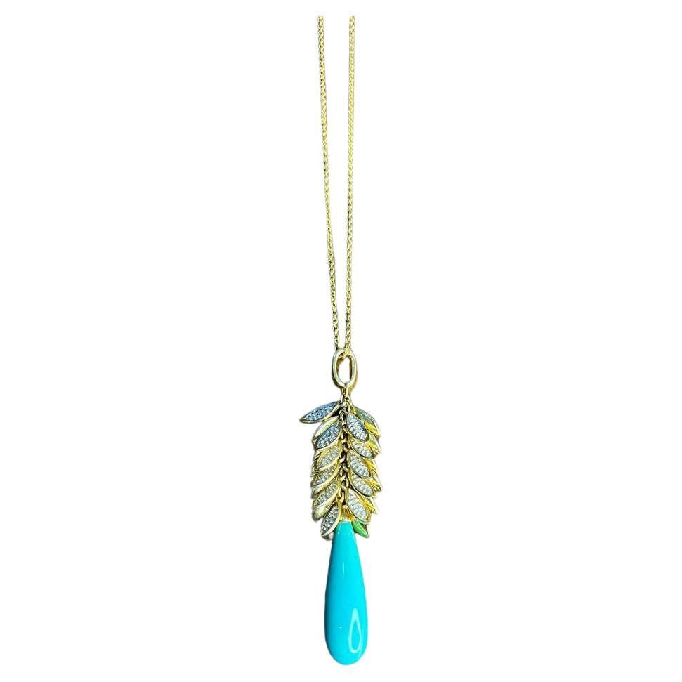 Teal Blue Turquoise Diamond Leaf Leaves Tree 14K Yellow Gold Pendant Necklace For Sale