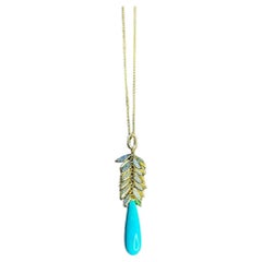 Teal Blau Türkis Diamant Blatt Blätter Baum 14K Gelbgold Anhänger Halskette